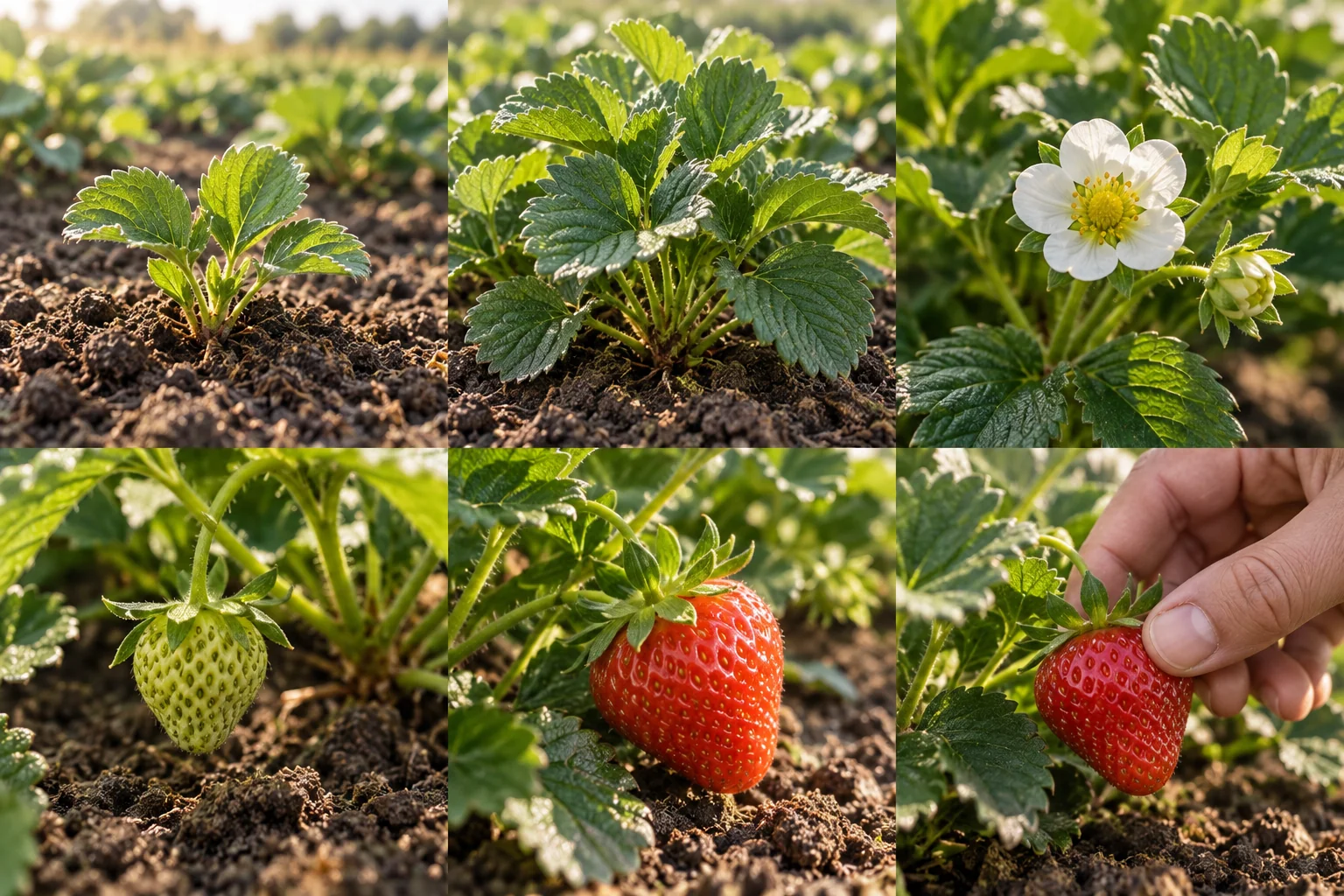 Plántula de fresa establecida en tierra